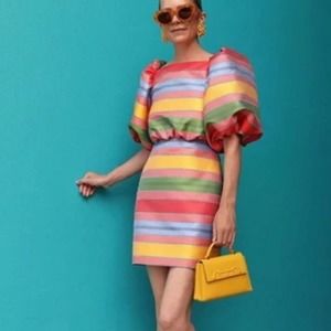 Antonio Melani x The Nat Note Nell Striped Jacquard Short Puffed Sleeve Dress